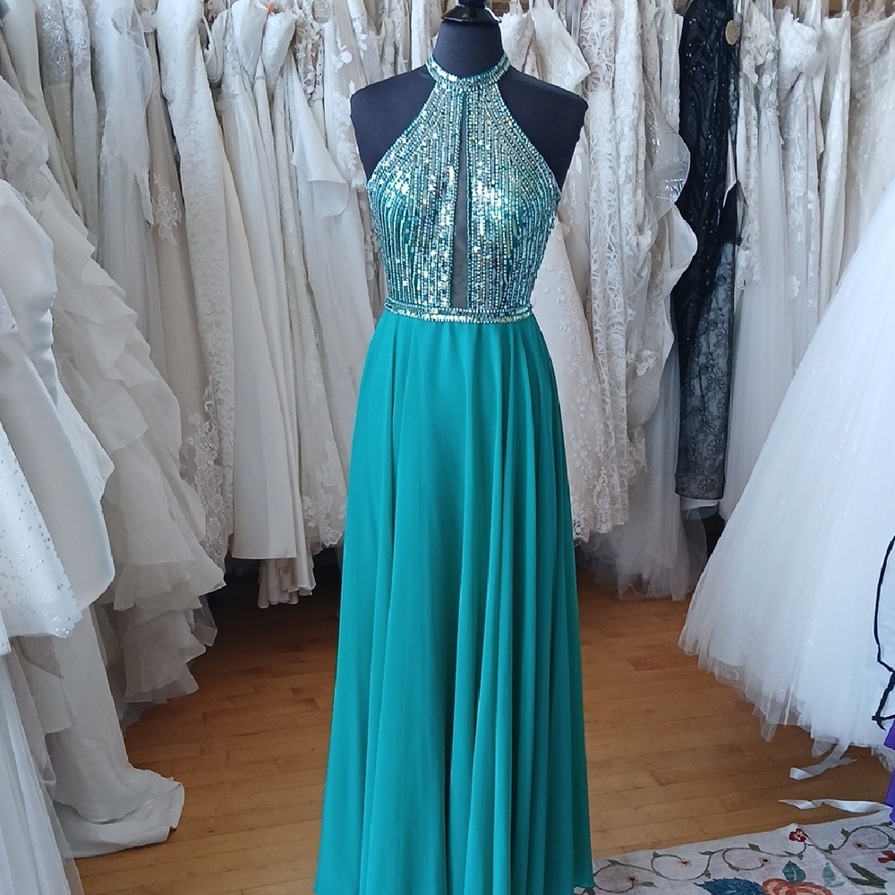 Moonlight Bridal Teal Sequin Halter Dress
